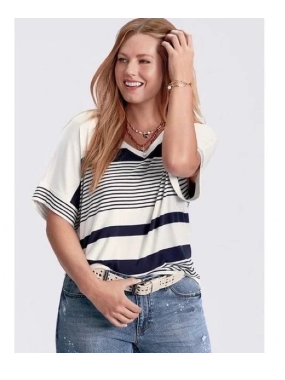 Cabi Sailor Tee V-Neck Striped Dolman Top 5925 Womens Large Relaxed Oversized